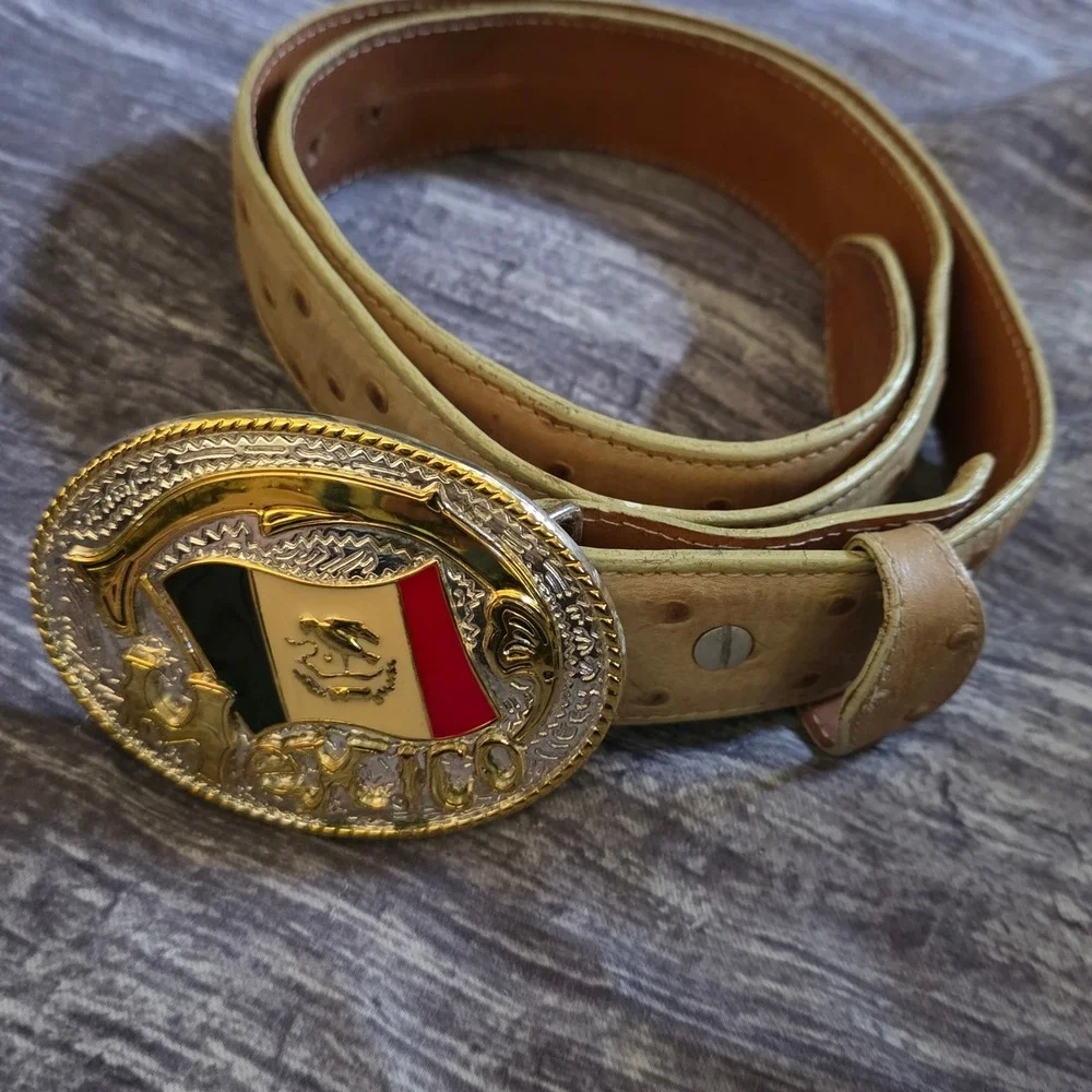 Mexico Flag Western Belt Tan Ostrich Embossed Leather Gold Silver Buckle
